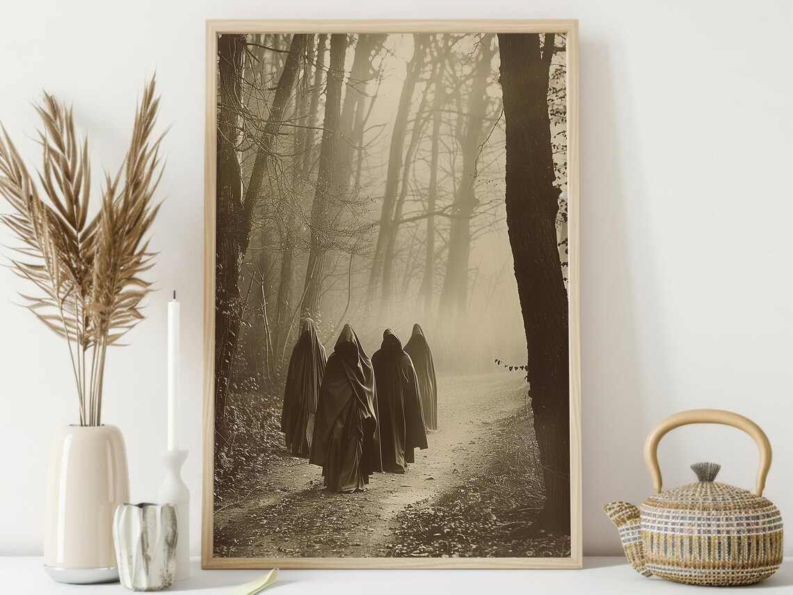 Four Hooded Ghosts on Foggy Forest Path Vintage Sepia Horror Poster - Image 3
