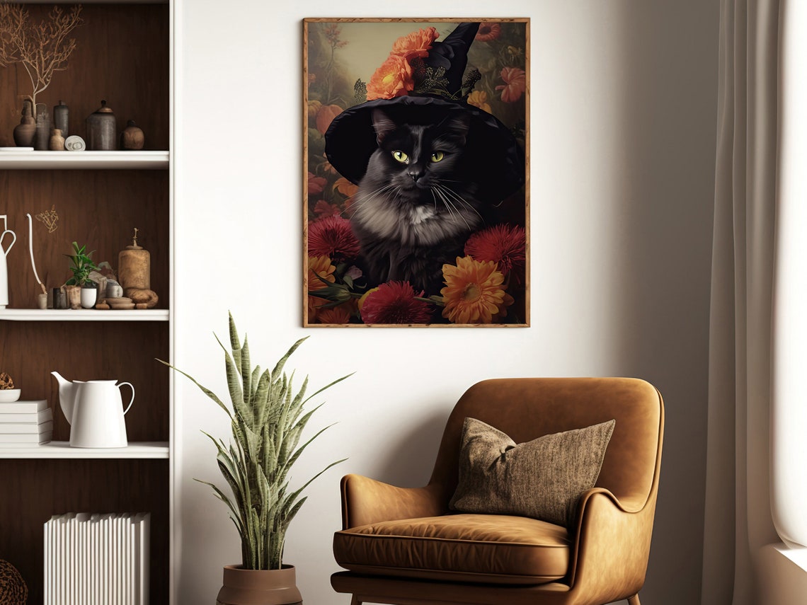 Black Cat In Witch Hat Among Autumn Flowers Portrait Art Print - Image 3