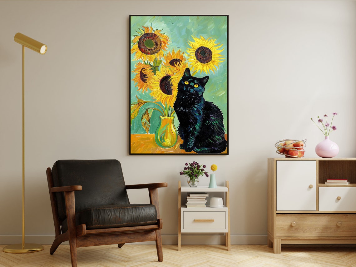 Black Cat With Sunflower Vase Van Gogh Style Bold Floral Cat Poster - Image 4
