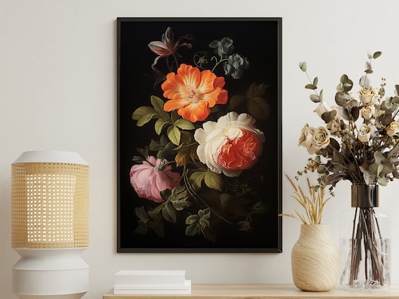 Dark Botanical Roses Orange Pink Blooms Black Background Poster