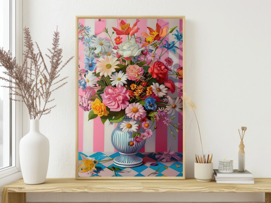 Vibrant Mixed Flower Bouquet In Striped Vase Pink Background Print - Image 3