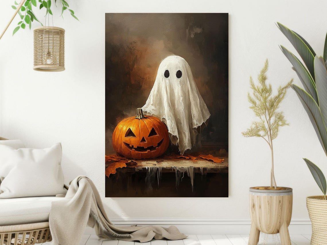 Cute Ghost With Jack O Lantern Pumpkin Vintage Halloween Print - Image 2