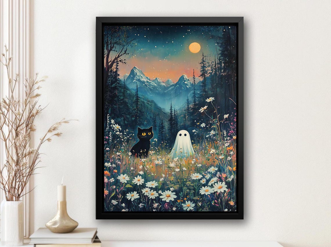 Black Cat And Ghost In Moonlit Wildflower Meadow Night Art Print