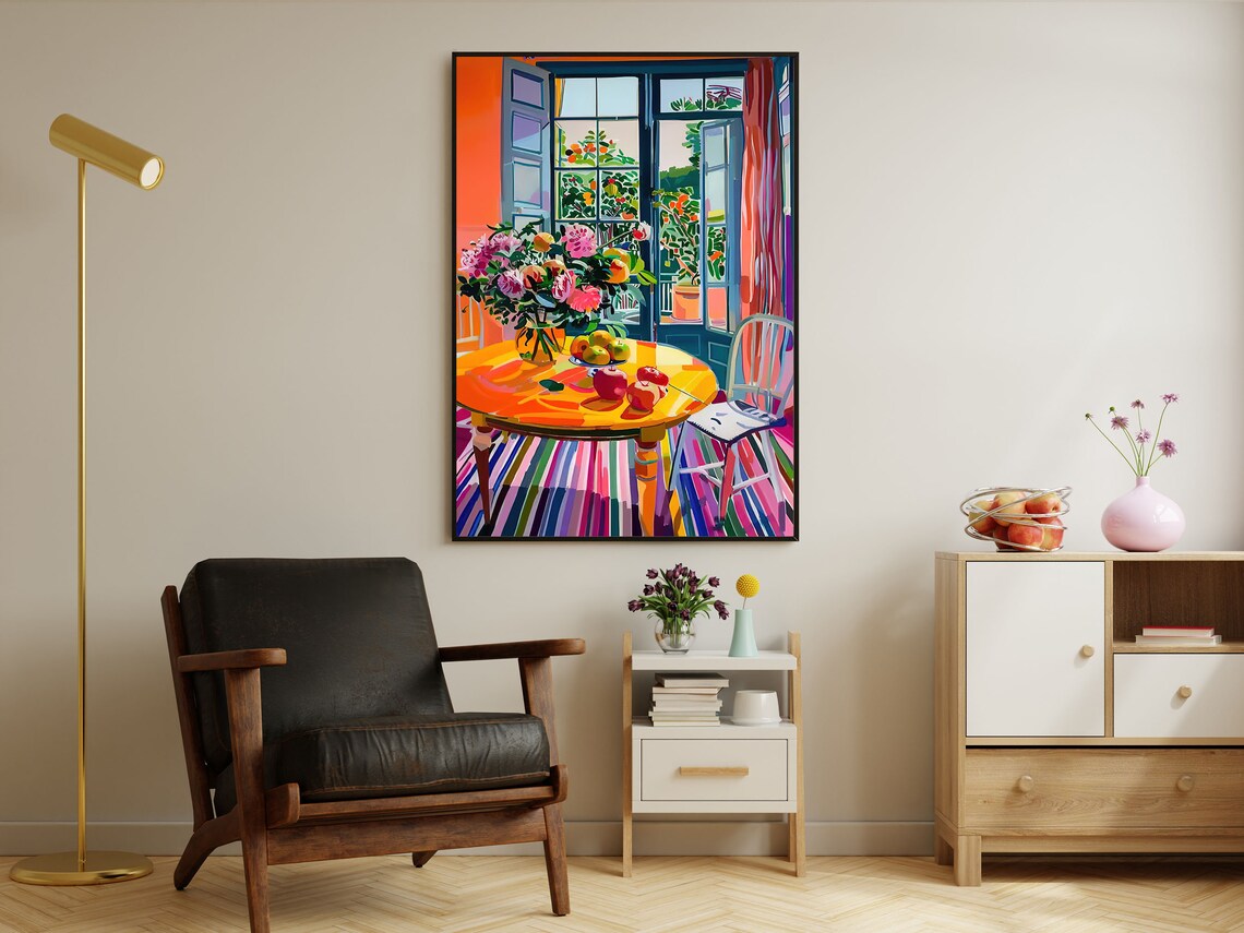 Sunlit Interior With Open French Doors Balcony Flowers Colorful Wall Art - Image 4