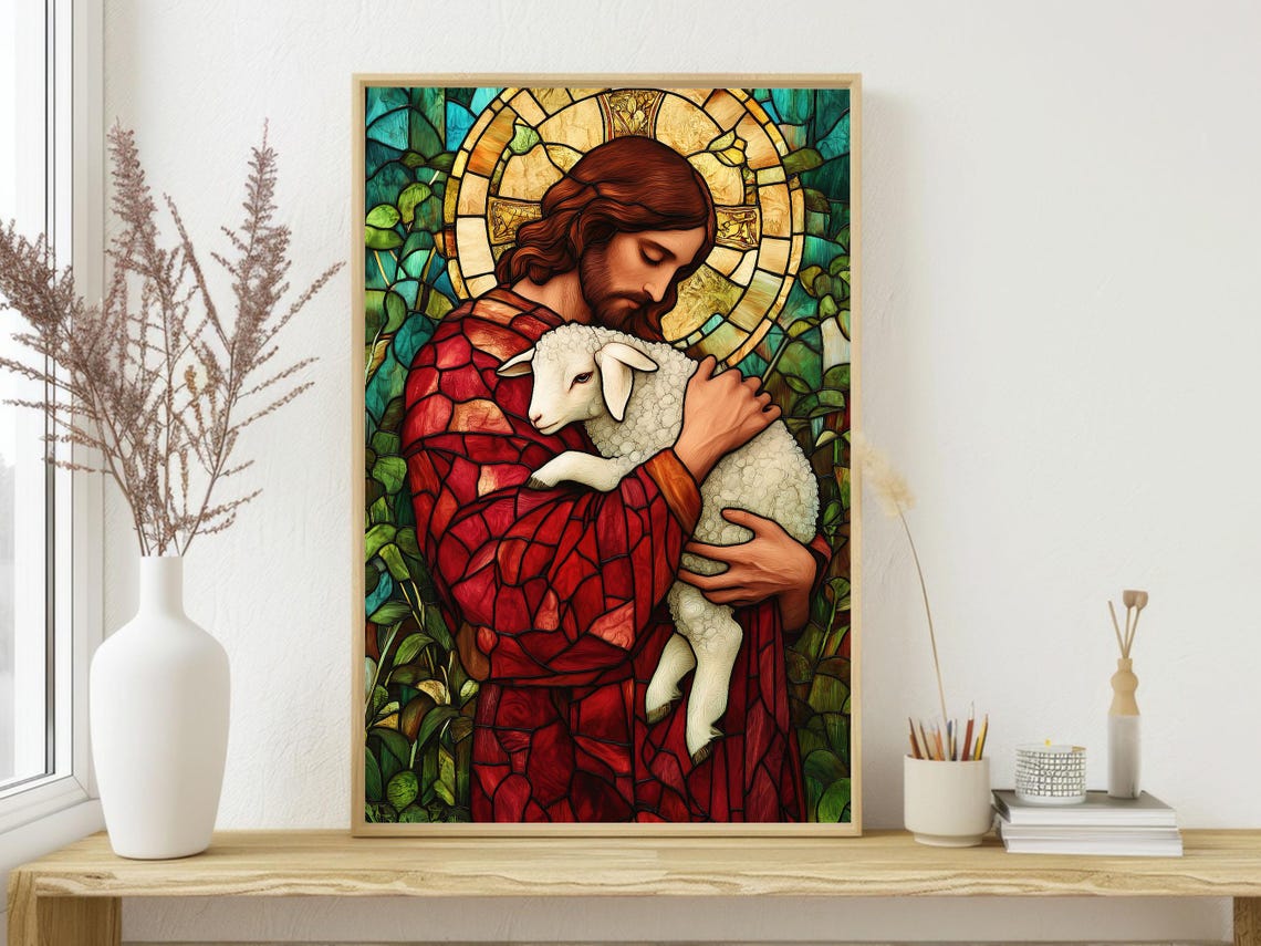 Jesus the Good Shepherd Holding Lamb Stained Glass Style Poster - Image 3