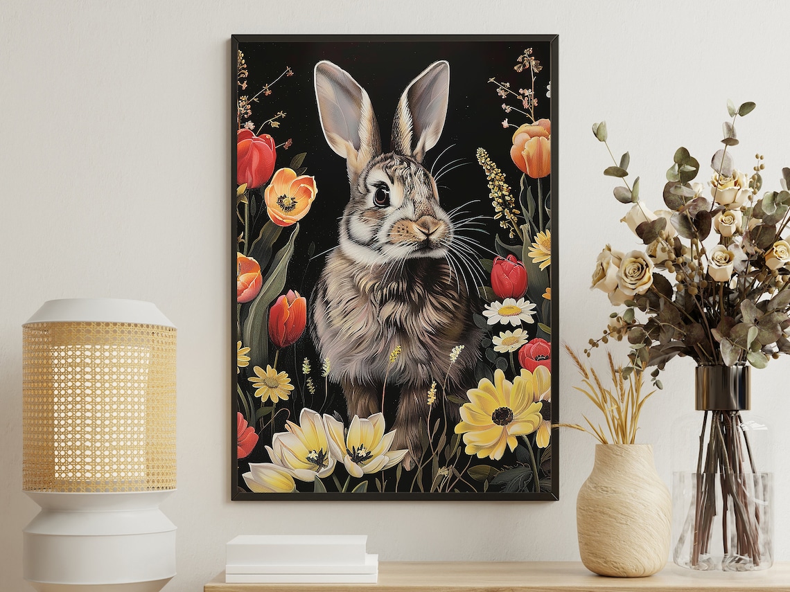 Wild Rabbit Among Tulips Daisies Black Background Botanical Animal Art Poster
