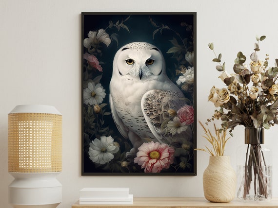 Vintage White Owl Painting Retro Owl Art Print Owl Print Gothic Art Print Dark Academia Art Floral Owl Poster Owl Wall Decor