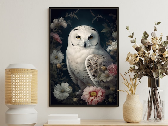 White Snowy Owl Among Pink Flowers Dark Floral Vintage Art Print Poster