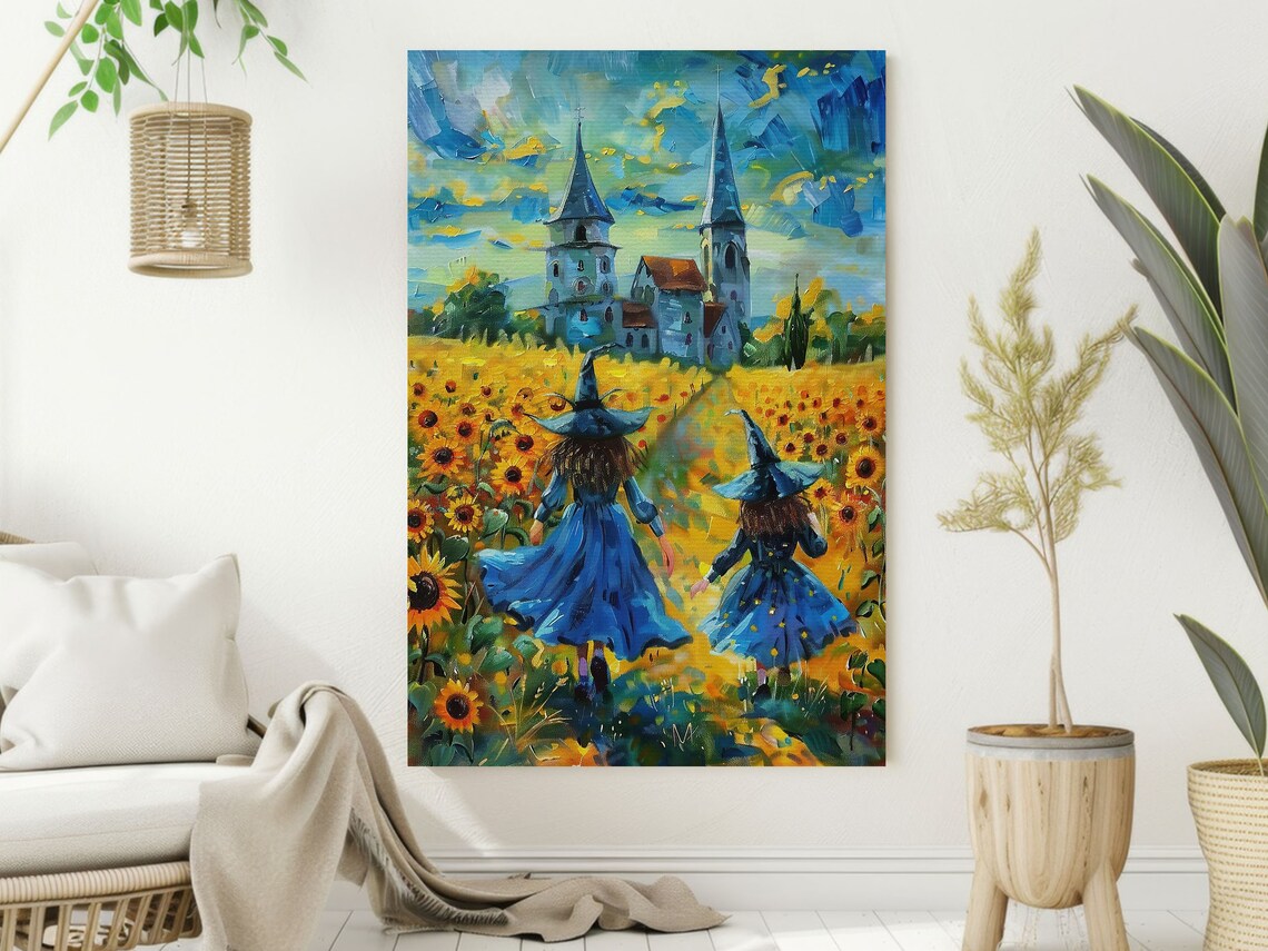 Two Young Witches Sunflower Field Castle Impressionist Halloween Whimsical Art Poster - Image 2