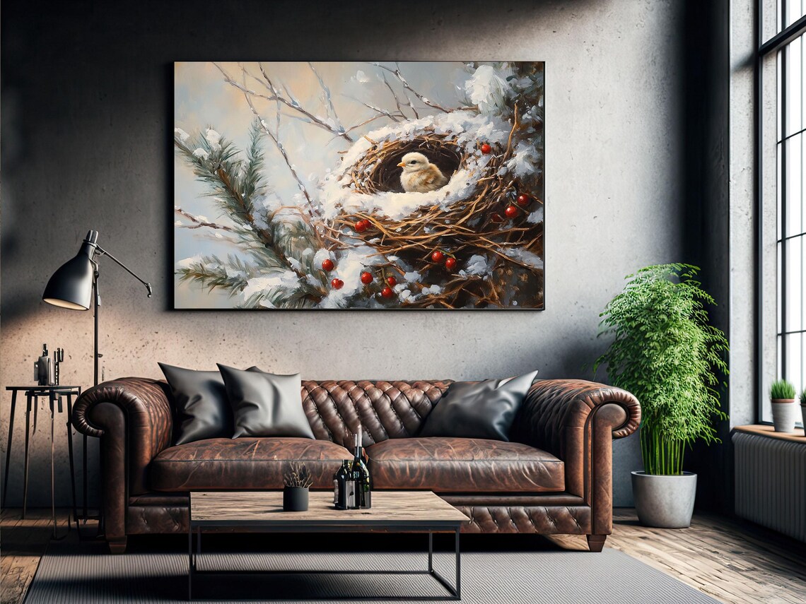 Baby Bird Snowy Nest Red Berries Winter Wildlife Painting Wall Art - Image 2