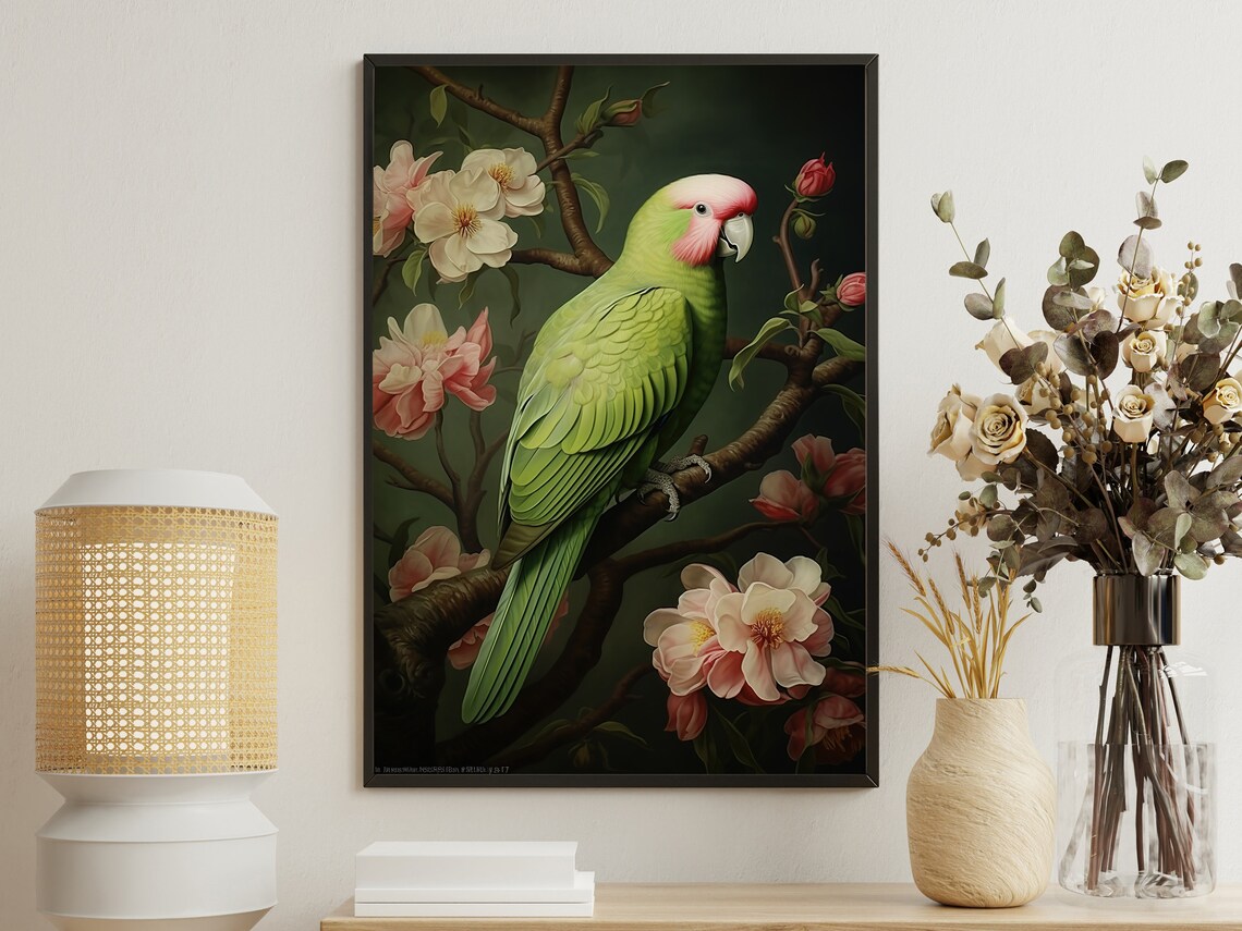Vintage Floral Bird Painting, Botanical Art Print