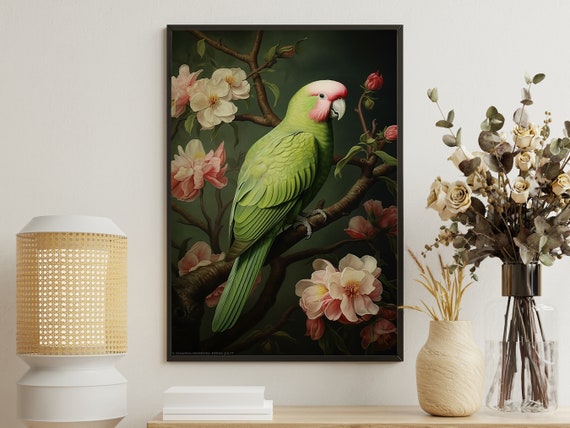 Vintage Floral Bird Painting, Botanical Art Print
