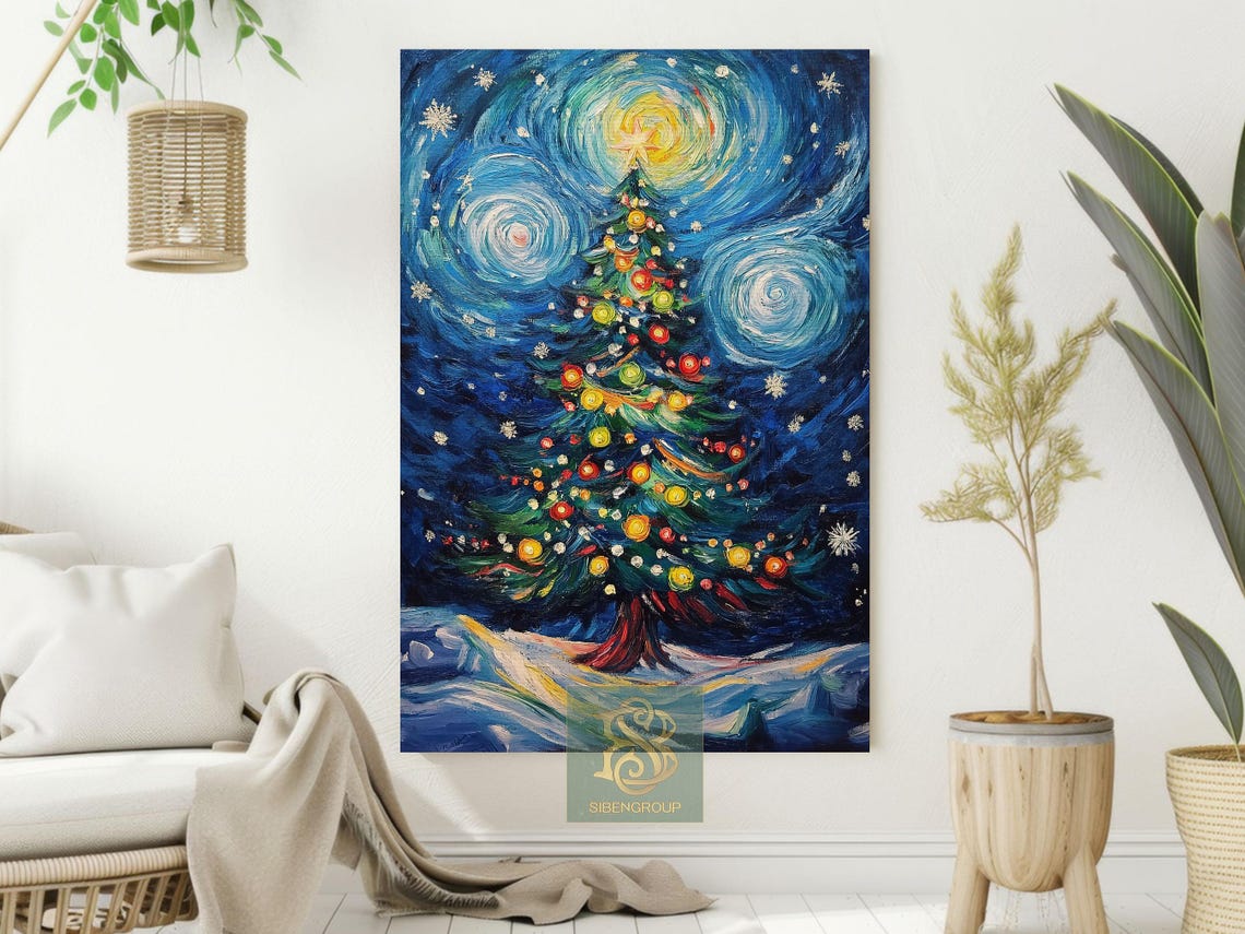 Starry Night Style Christmas Tree Swirling Blue Sky Impasto Poster - Image 2