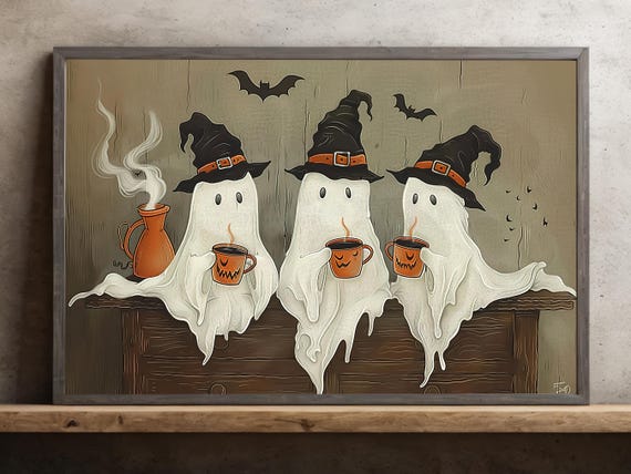 Vintage Three Witchy Ghosts Halloween Poster Art Print