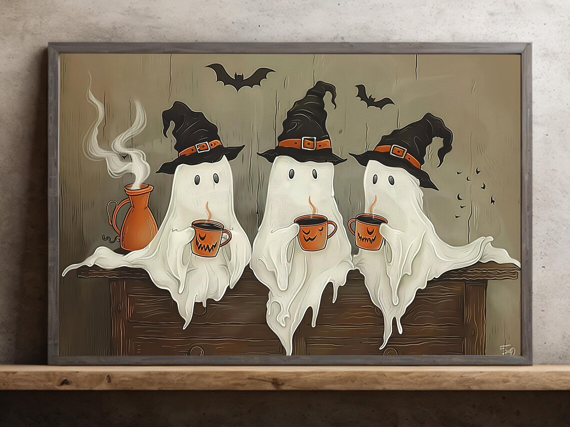 Vintage Three Witchy Ghosts Halloween Poster Art Print