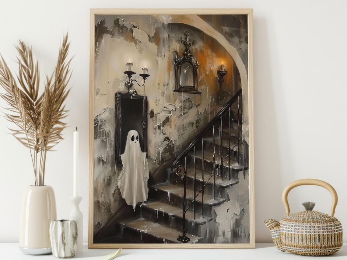 Sheet Ghost on Haunted Manor Staircase Vintage Spooky Painting Poster - Image 4