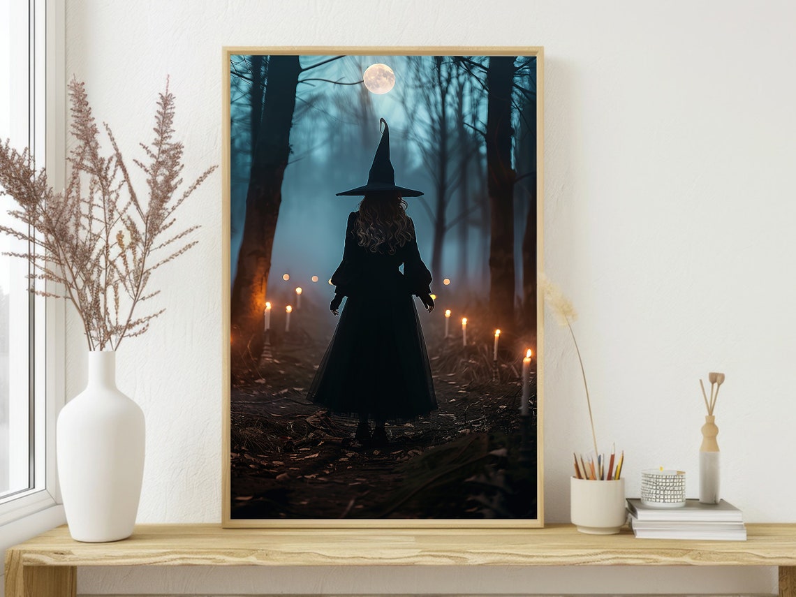 Witch Walking Candlelit Forest Path Under Moon Dark Magic Poster - Image 3