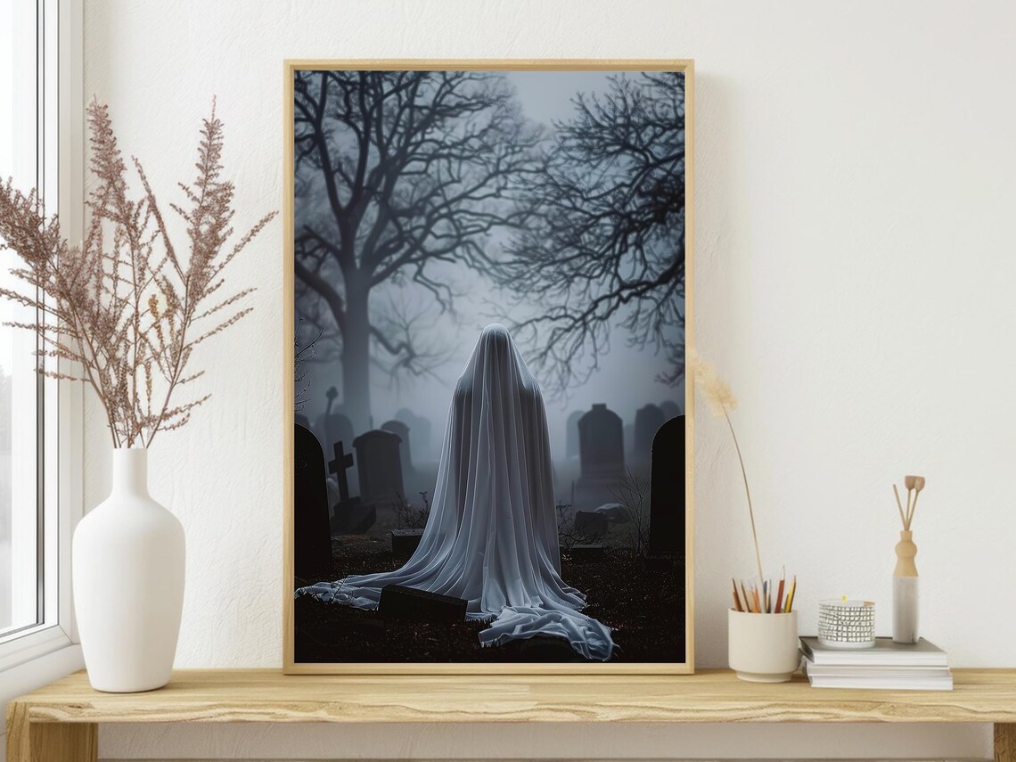 Veiled Ghost in Misty Cemetery Among Tombstones Bare Trees Spooky Poster - Image 3