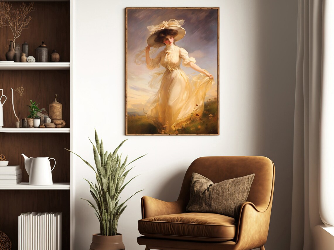 Country Lady Cream Dress Straw Hat Sunset Meadow Romantic Oil Painting Poster - Image 3