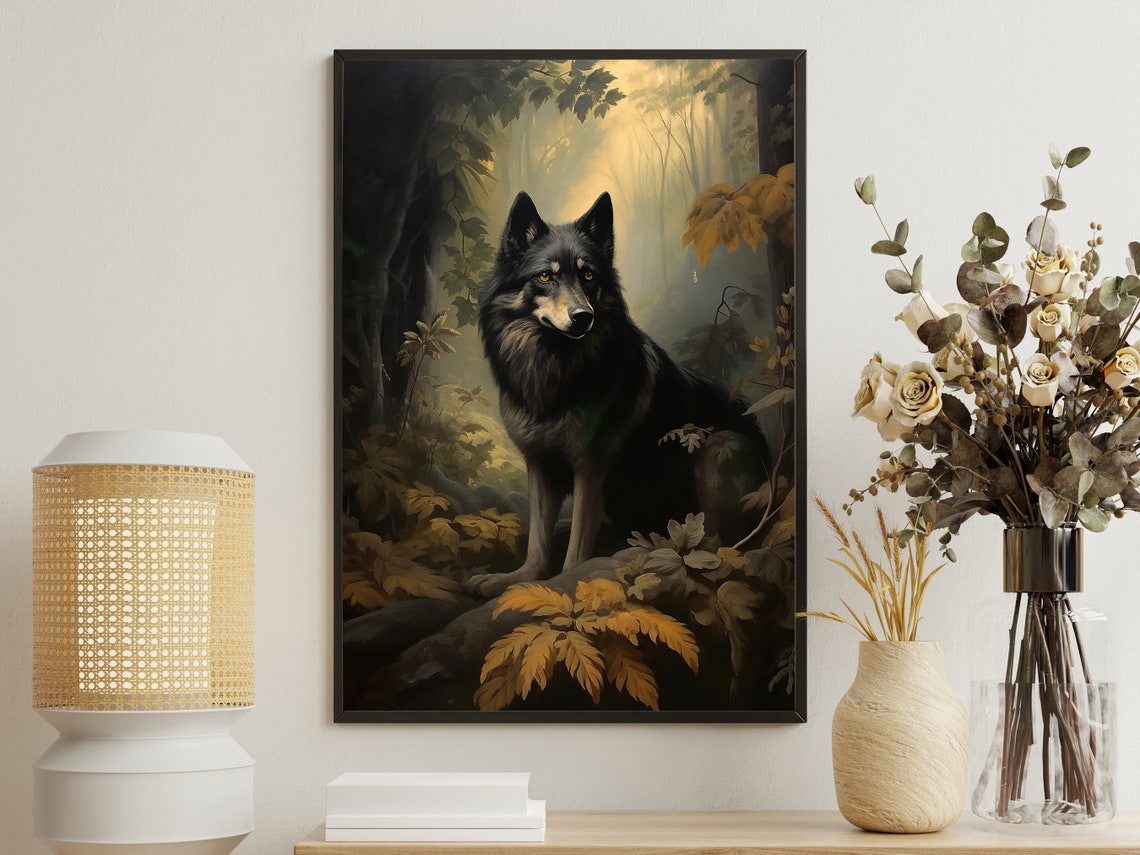 Black Wolf Standing In A Misty Golden Autumn Forest Wildlife Poster