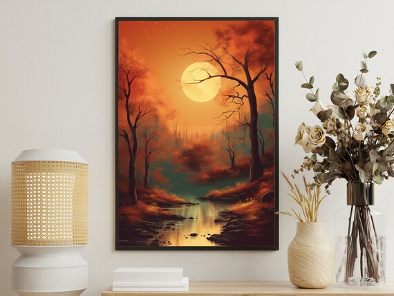 Vintage Fall Creek Forest Painting Art Print Retro Forest Landscape Poster Print