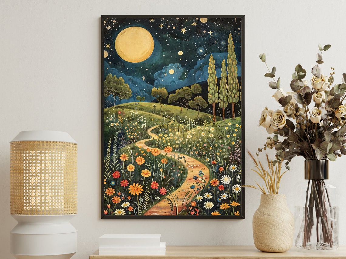 Cottage Moon And Flowers Painting Flowers Art Print Flowers Print Esthetic Flowers Poster Vintage Flowers Wall Art