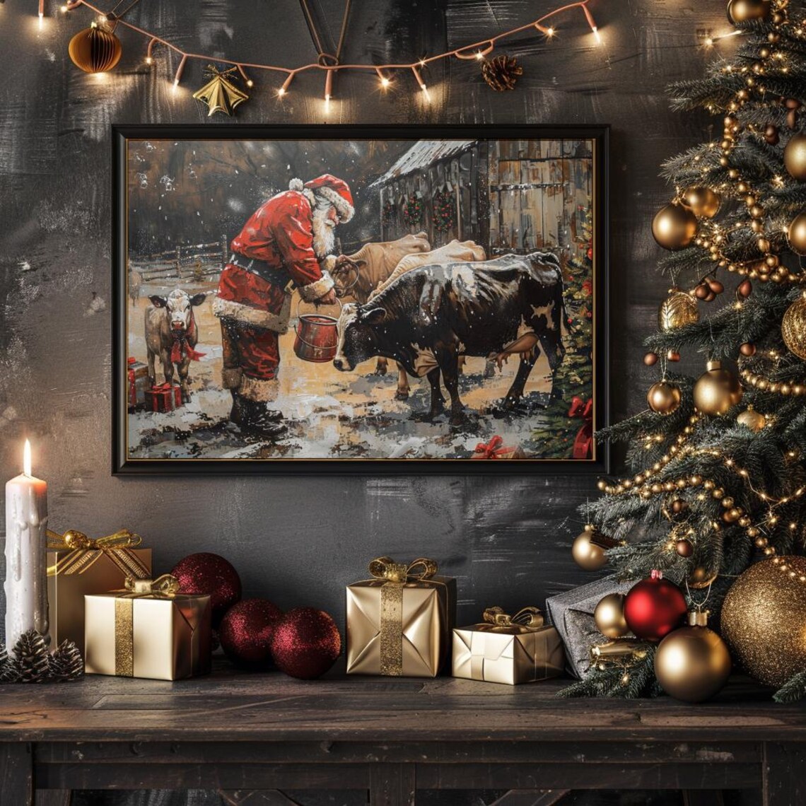 Santa Cows Christmas Farmhouse Vintage Art Print - Image 3