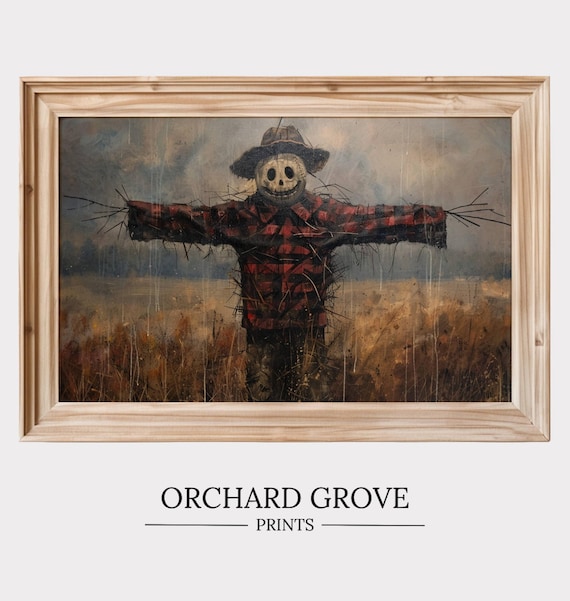 Fall Halloween Scarecrow Art Rustic Jack O Lantern Artwork Vintage Halloween Oil Painting Decor Autumn Spooky Moody 145