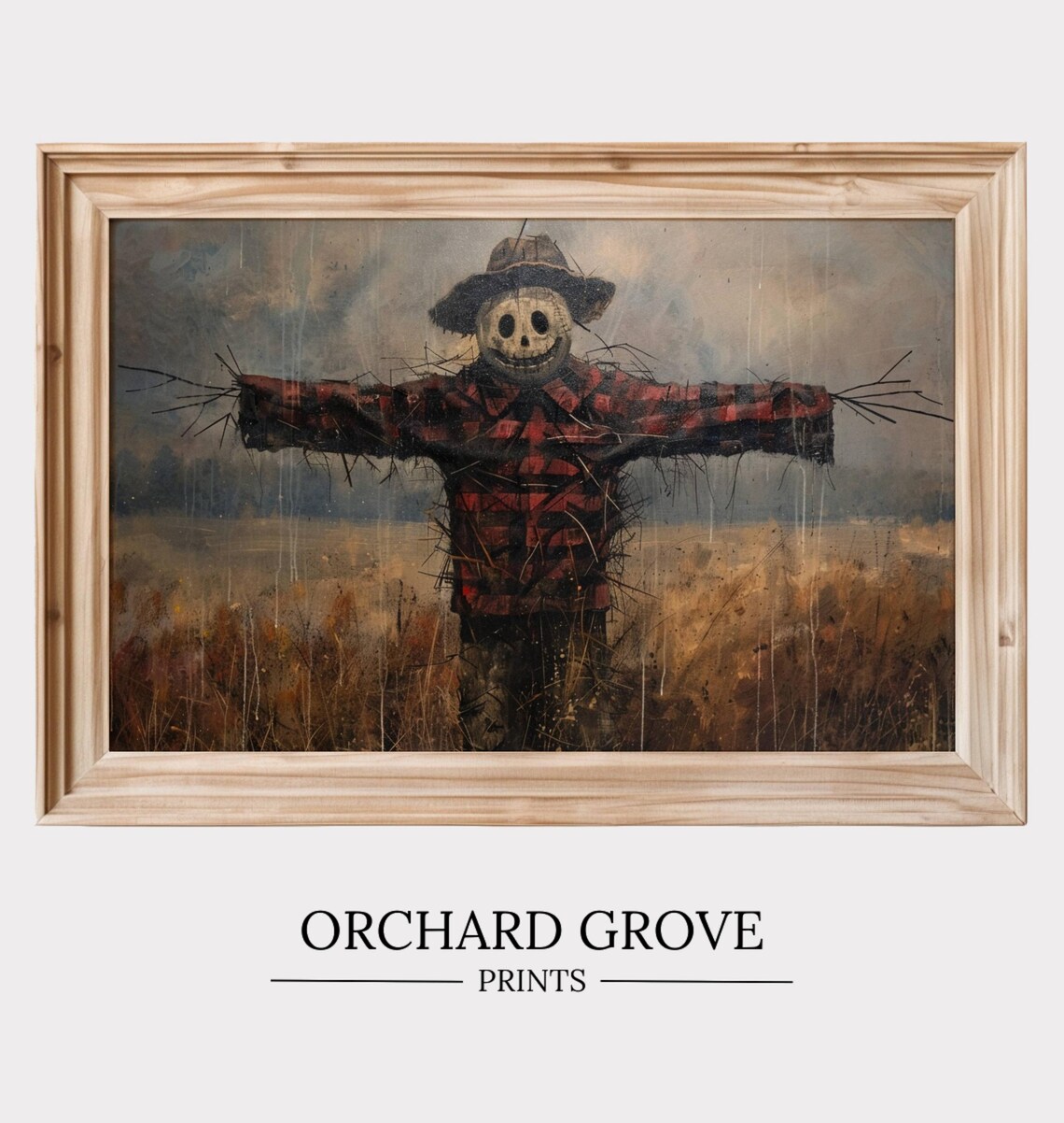 Spooky Scarecrow Jack O Lantern Face Fall Field Plaid Vintage Halloween Poster Art