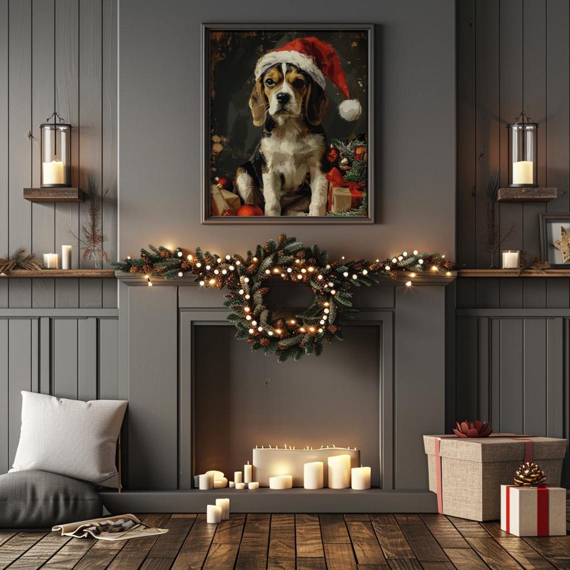 Christmas Dog Wall Art Print Santa Dog Painting Christmas Beagle Christmas Puppy Christmas Holiday Decor Santa Pet Art 185 - Image 2