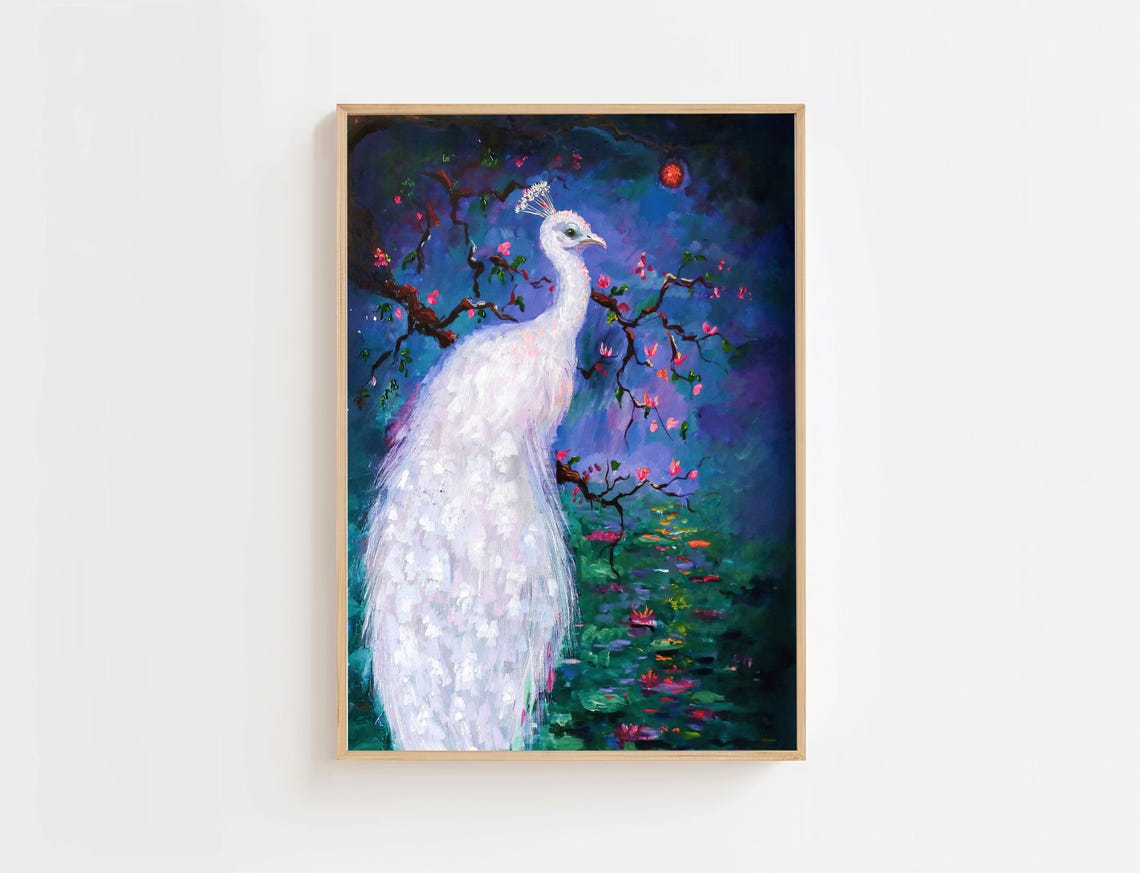 White Peacock Moonlit Garden Mystical Bird Oil Painting Poster