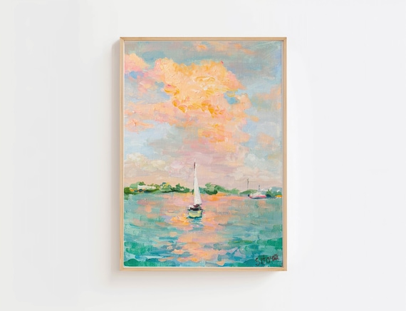 Key West Sunset Sailboat Tropical Seascape Oil Painting Poster