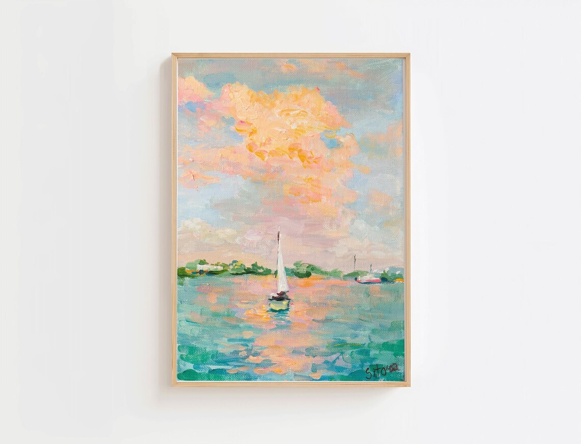 Key West Sunset Sailboat Tropical Seascape Oil Painting Poster