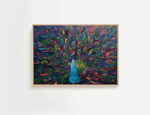 Abstract Peacock Oil Painting Jewel Tone Feather Symphony
