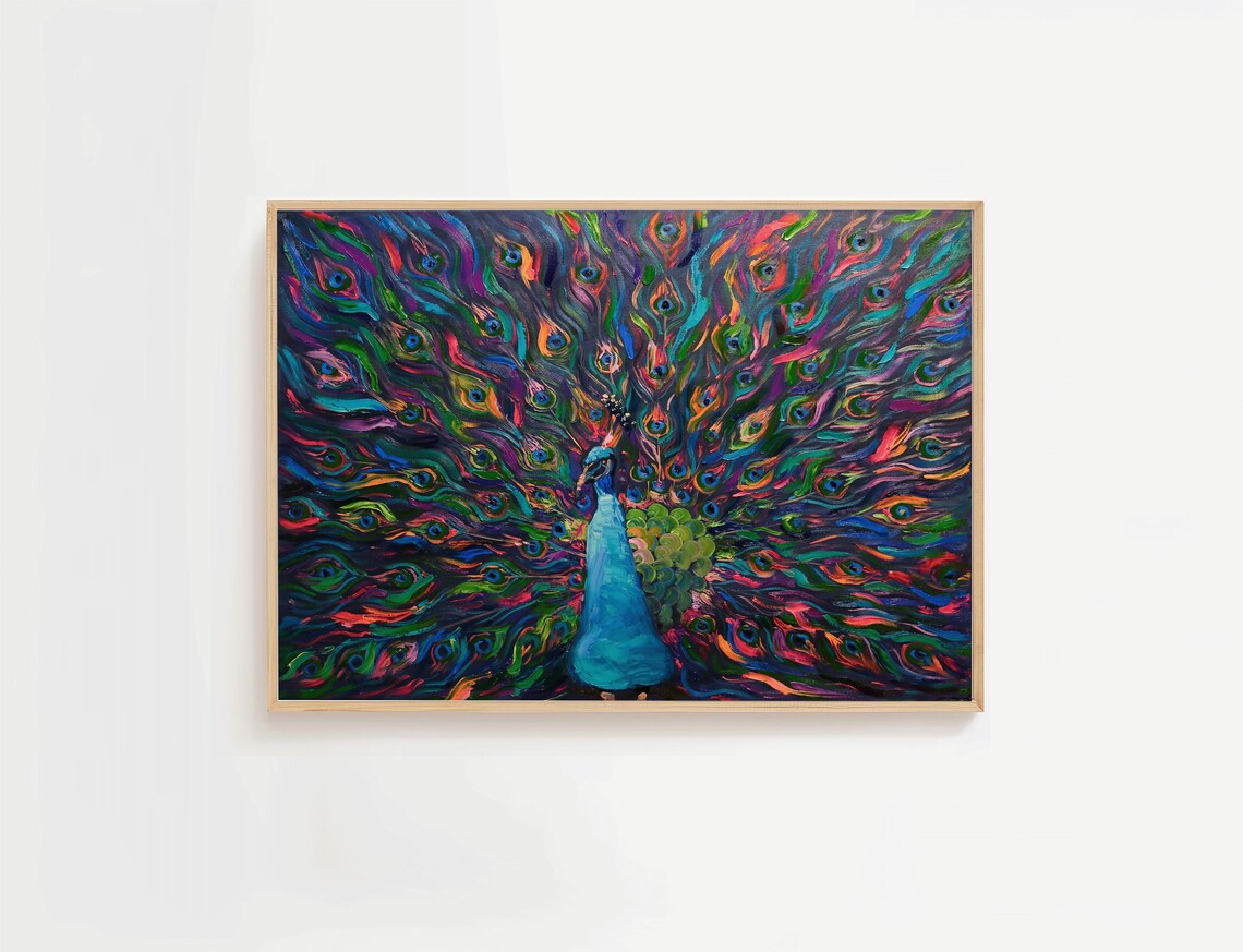 Vibrant Peacock with Fanned Colorful Tail Feather Art Painting Poster