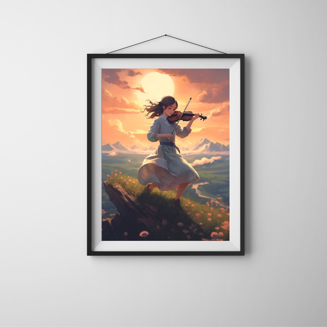 Girl Playing Violin Cliff Sunset Anime Style Music Art Poster
