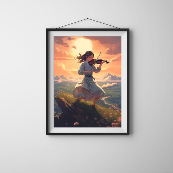 Girl Playing Violyn On The Mountain Play Freely Music Lover Wall Art Decor