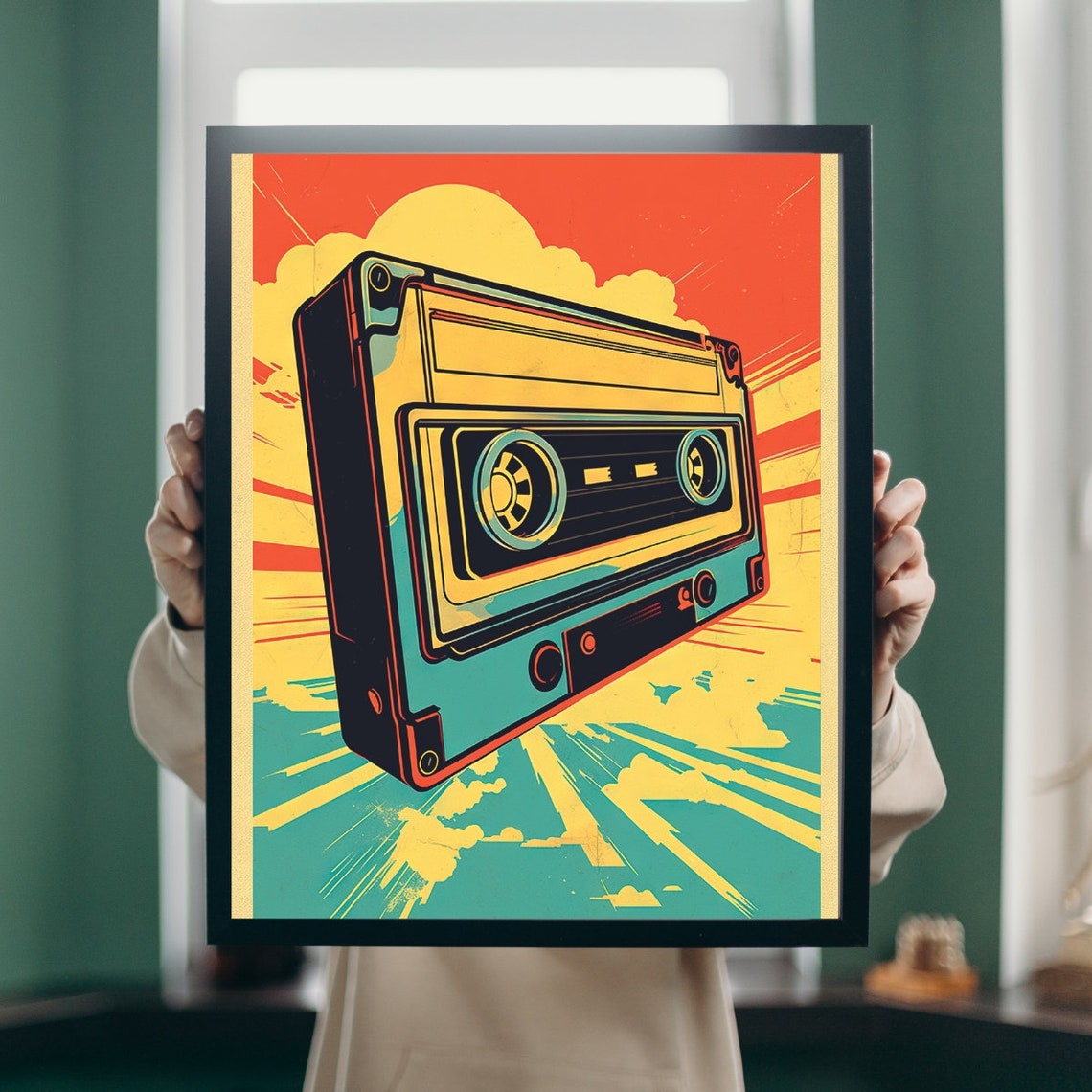Retro Comic Cassette Tape Yellow Red Explosion Music Art Poster