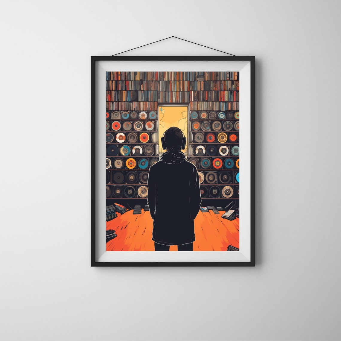 Man In Vinyl Record Store Silhouette Headphones Music Wall Poster