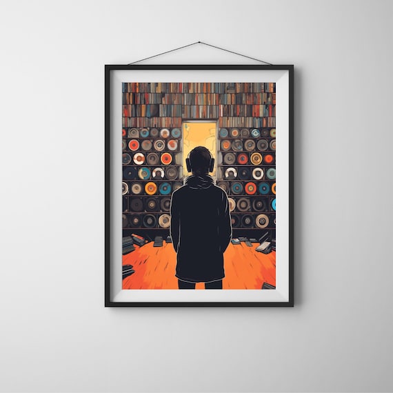 Man In Vinyl Record Store Silhouette Headphones Music Wall Poster