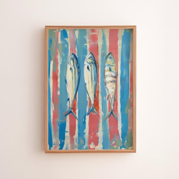 Three Fish Striped Background Colorful Coastal Kitchen Poster