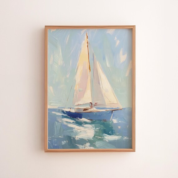 White Sailboat Blue Sea Sailing Impressionist Seascape Poster