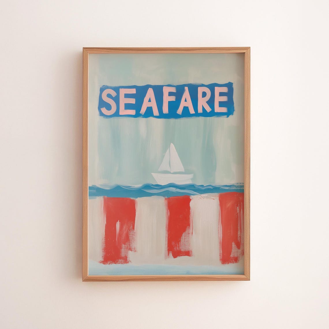 Seafare Sailboat Nautical Typography Retro Red White Stripes Poster