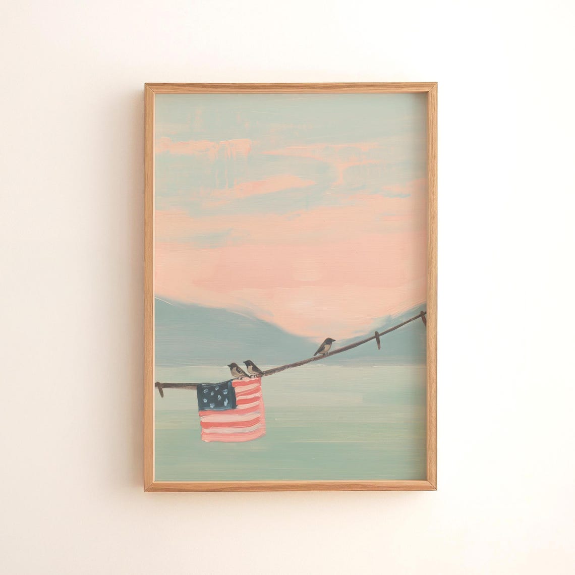 Birds on a Wire Over Pastel Sea With a Small American Flag Wall Art