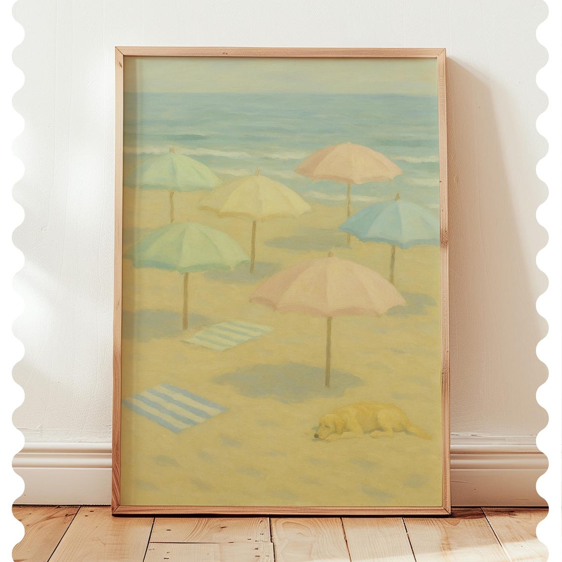 Pastel Beach Umbrellas With Sleeping Dog Summer Coastal Art Poster
