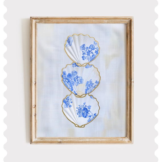 Chinoiserie Shell Print, Coastal Art With Gold Trim