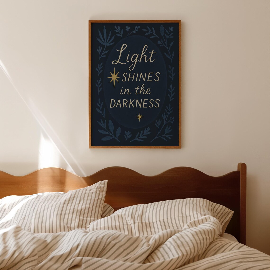 Light Shines In The Darkness Navy Gold Botanical Christian Quote Poster