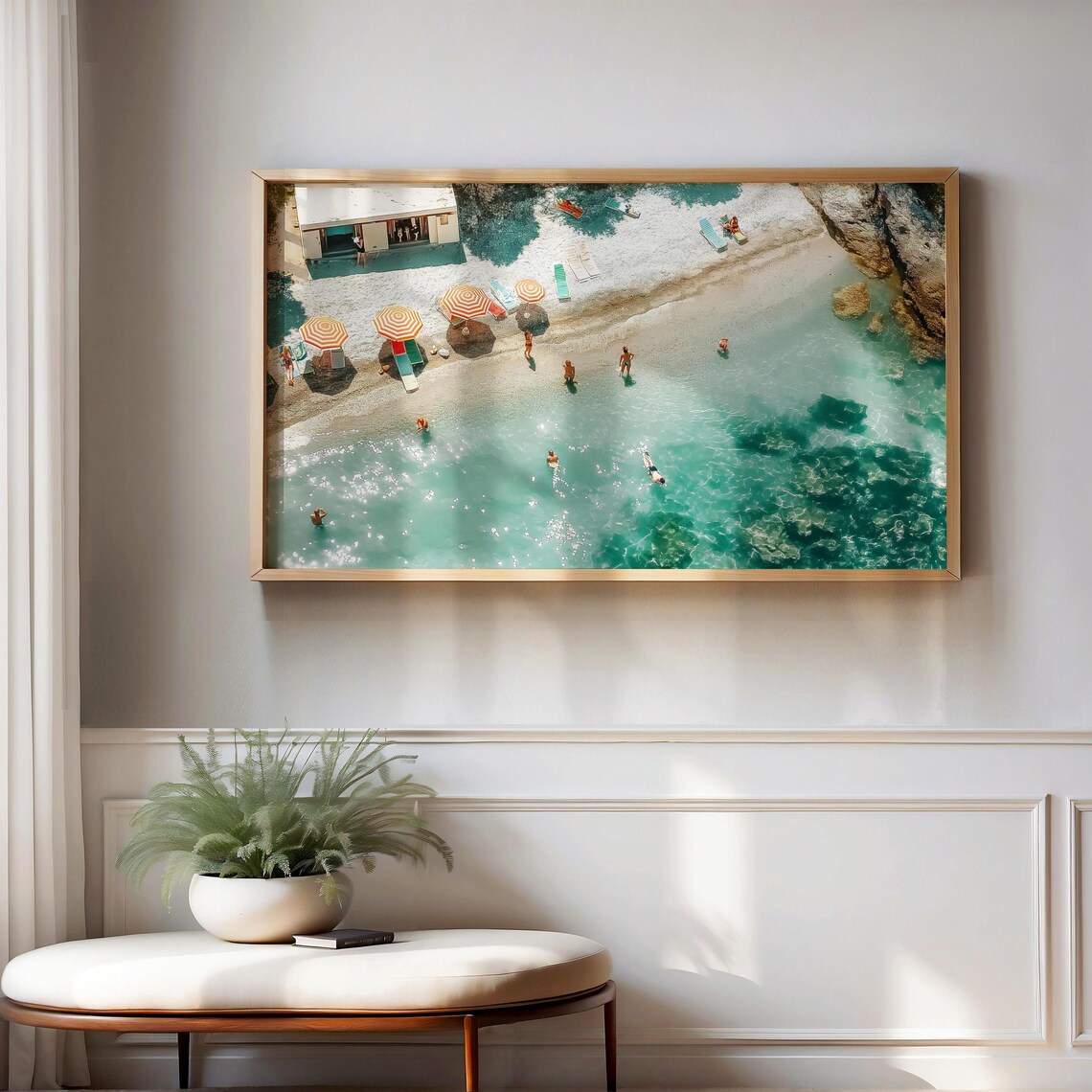 Aerial Beach Resort Photo Turquoise Sea Swimmers Umbrellas Summer Poster
