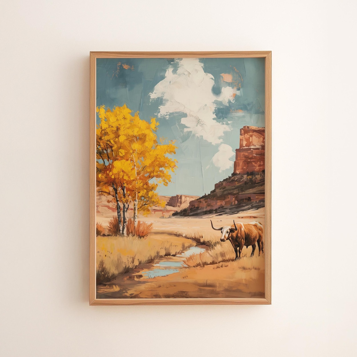 Western Longhorn Desert Creek Autumn Cottonwood Painting Poster