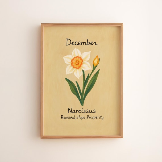 December Birth Flower White Narcissus Vintage Botanical Poster